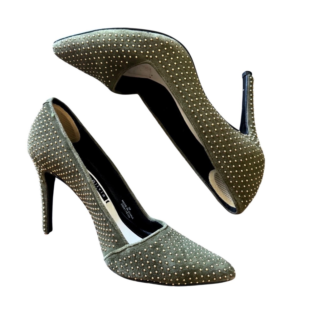 Alice + Olivia Studded Dina Suede Heels Pumps Olive Green Stiletto Punk 38/8